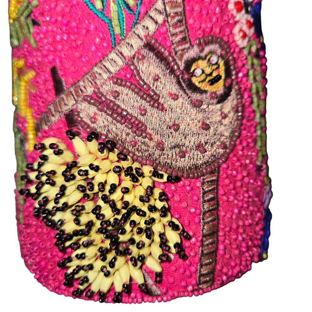 Handcrafted in India Beaded Parrot Sloth Bucket Bag Small Pink New Tropical Boho - Picture 3 of 10